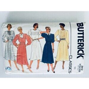 +Vtg 80s Butterick 3412 Misses Dress Sewing Pattern Tucks Full Skirt Sz 10